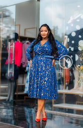 Elegant blue with gold midi dress
